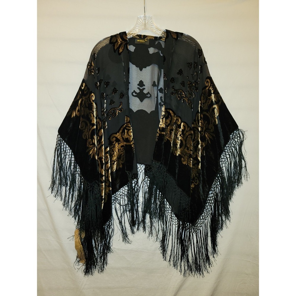 Michelann Black Gold Burnout Velvet Fringe Wrap Sheer Damask Shawl OS